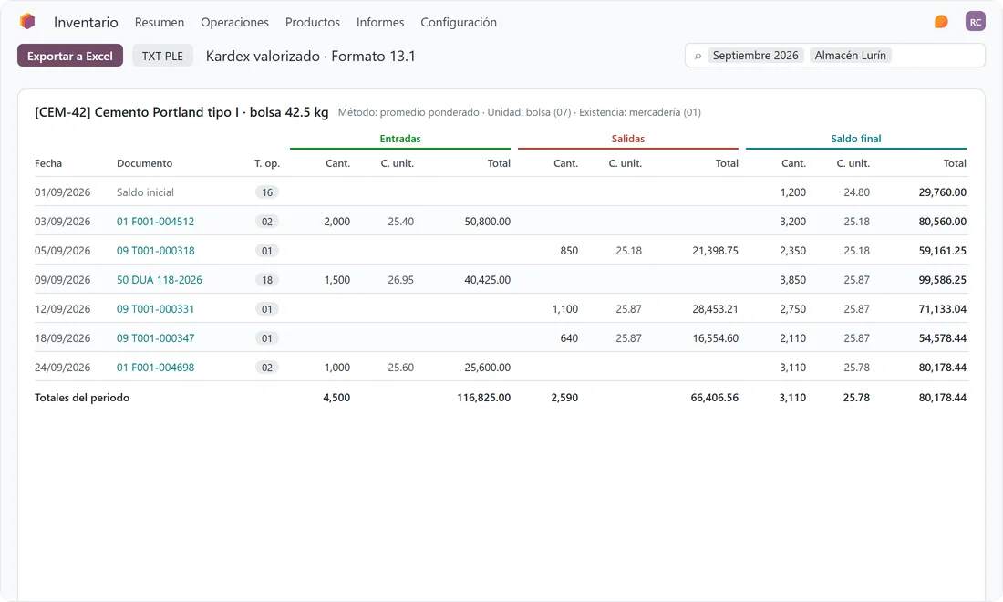 Kardex valorizado en formato 13.1 de la SUNAT dentro de Odoo