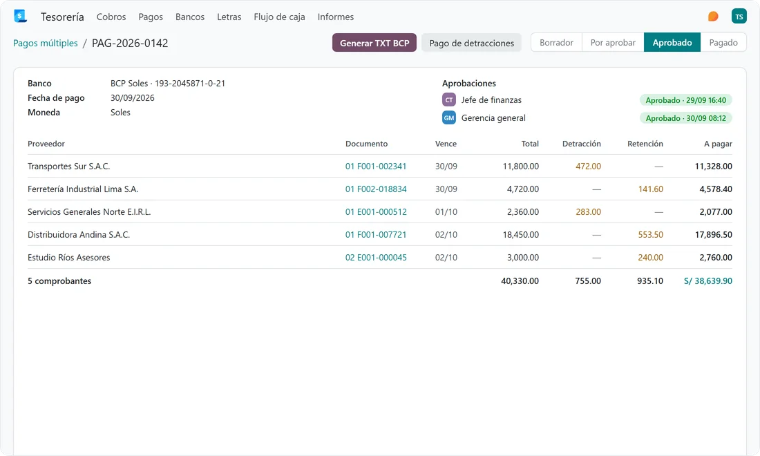 Pago múltiple a proveedores en Odoo con detracciones, retenciones y aprobación por niveles