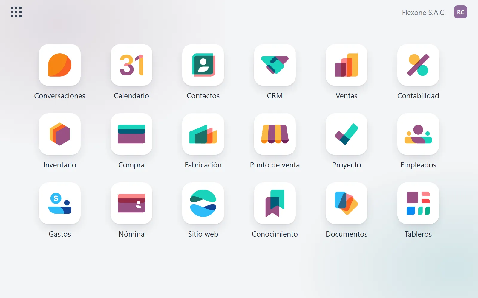 Menú de aplicaciones de Odoo con sus módulos