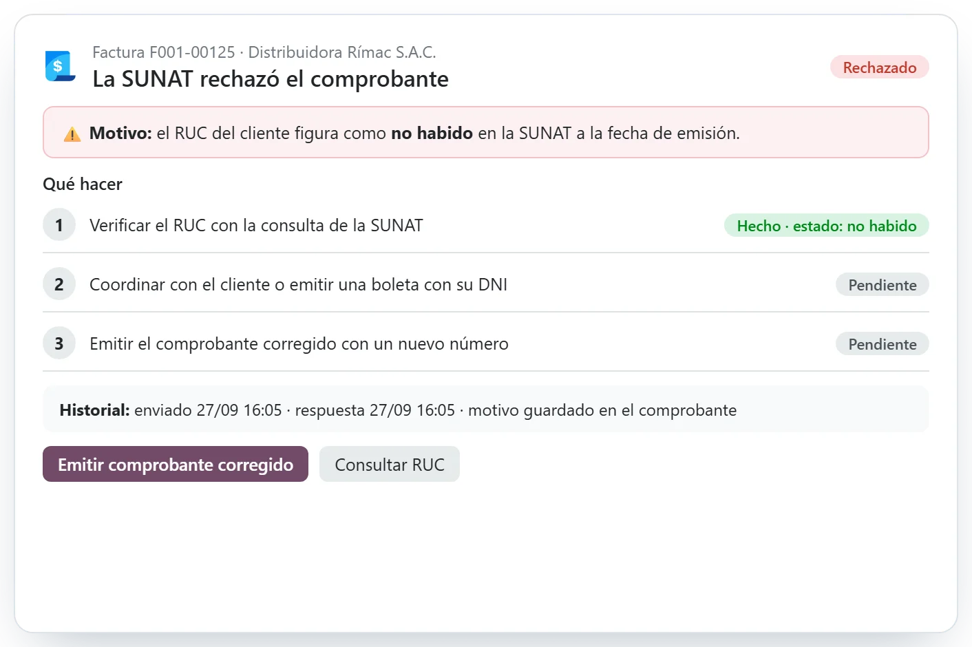 Factura rechazada por la SUNAT con el motivo y los pasos a seguir