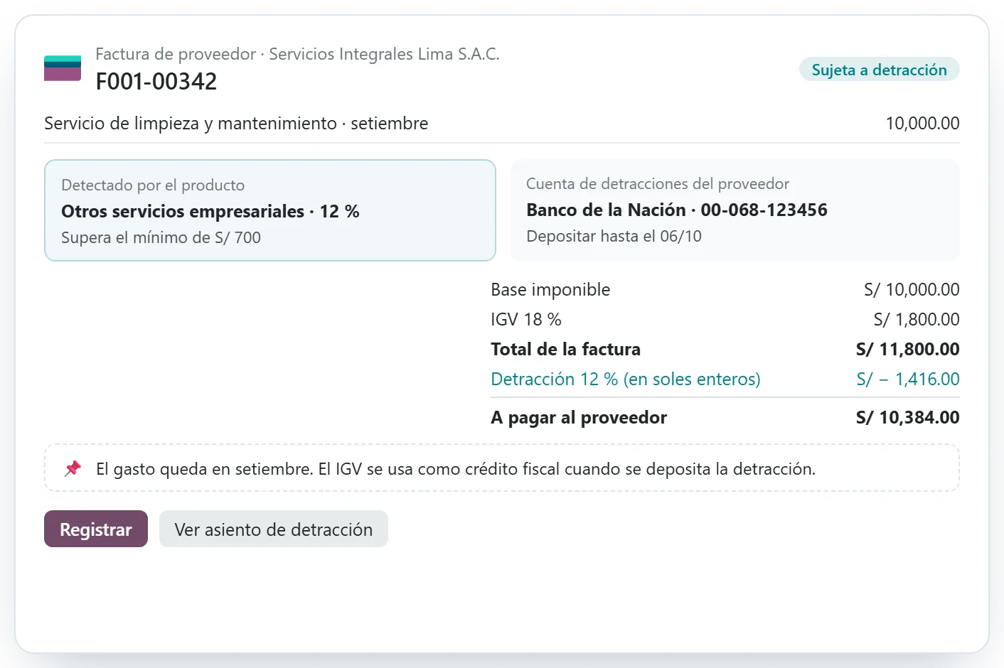 Factura de proveedor con detracción del 12 % detectada por el servicio