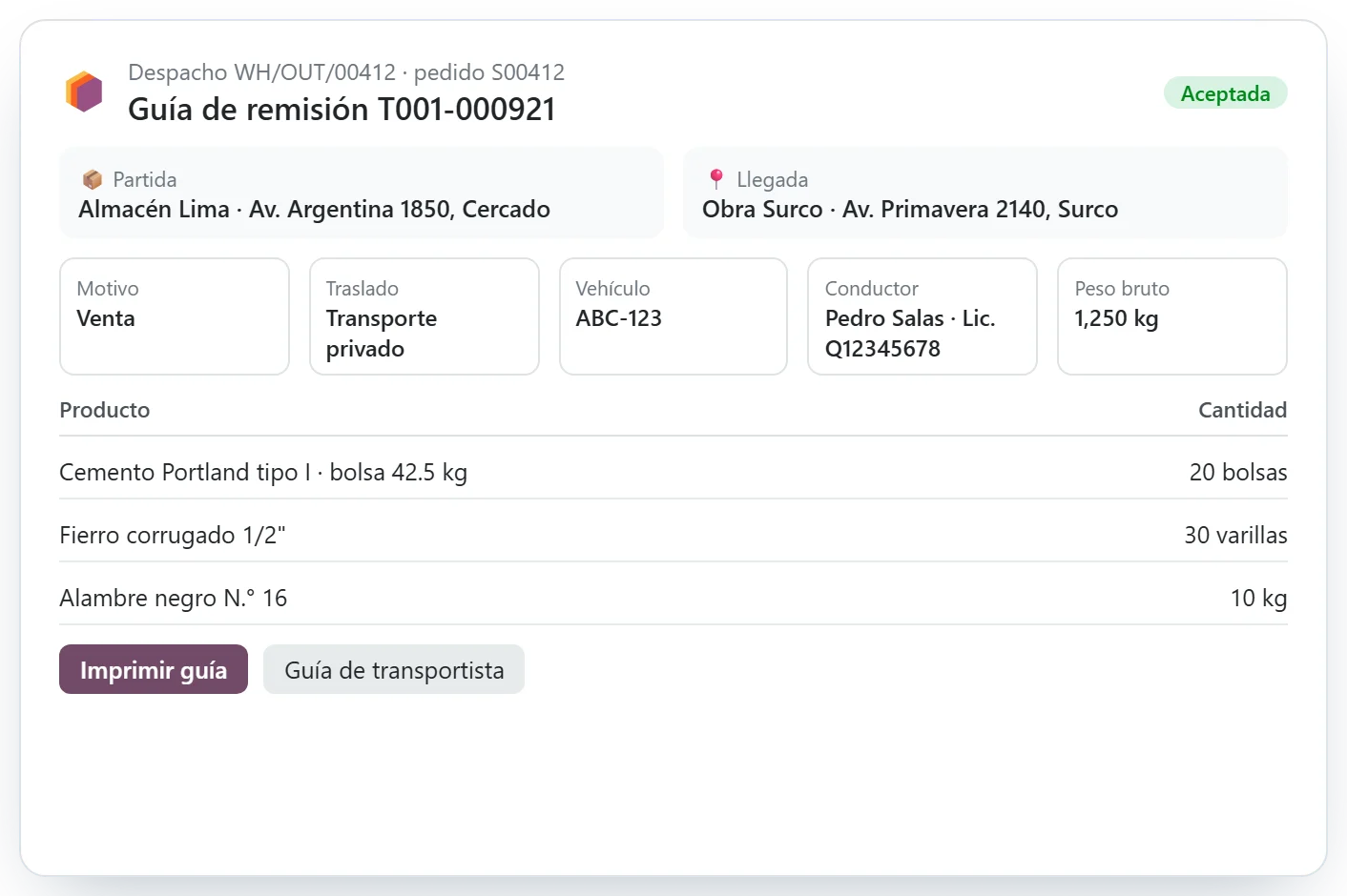 Guía de remisión electrónica emitida desde un despacho del almacén
