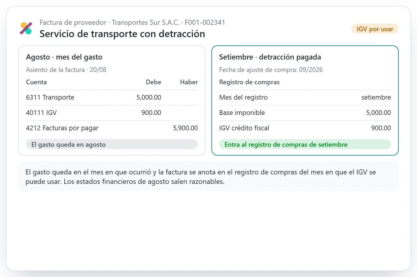 Factura de proveedor con el gasto en agosto y el IGV en el registro de compras de setiembre