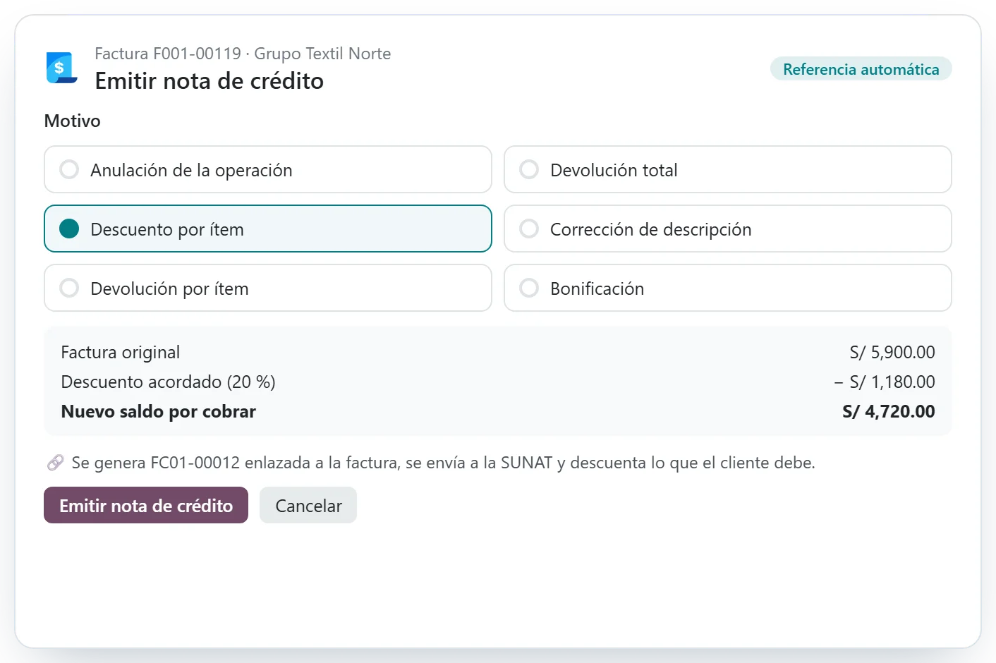 Emisión de una nota de crédito electrónica por descuento