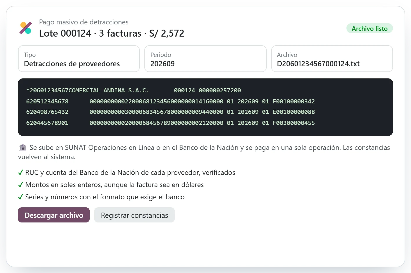 Lote de detracciones con el archivo para el Banco de la Nación
