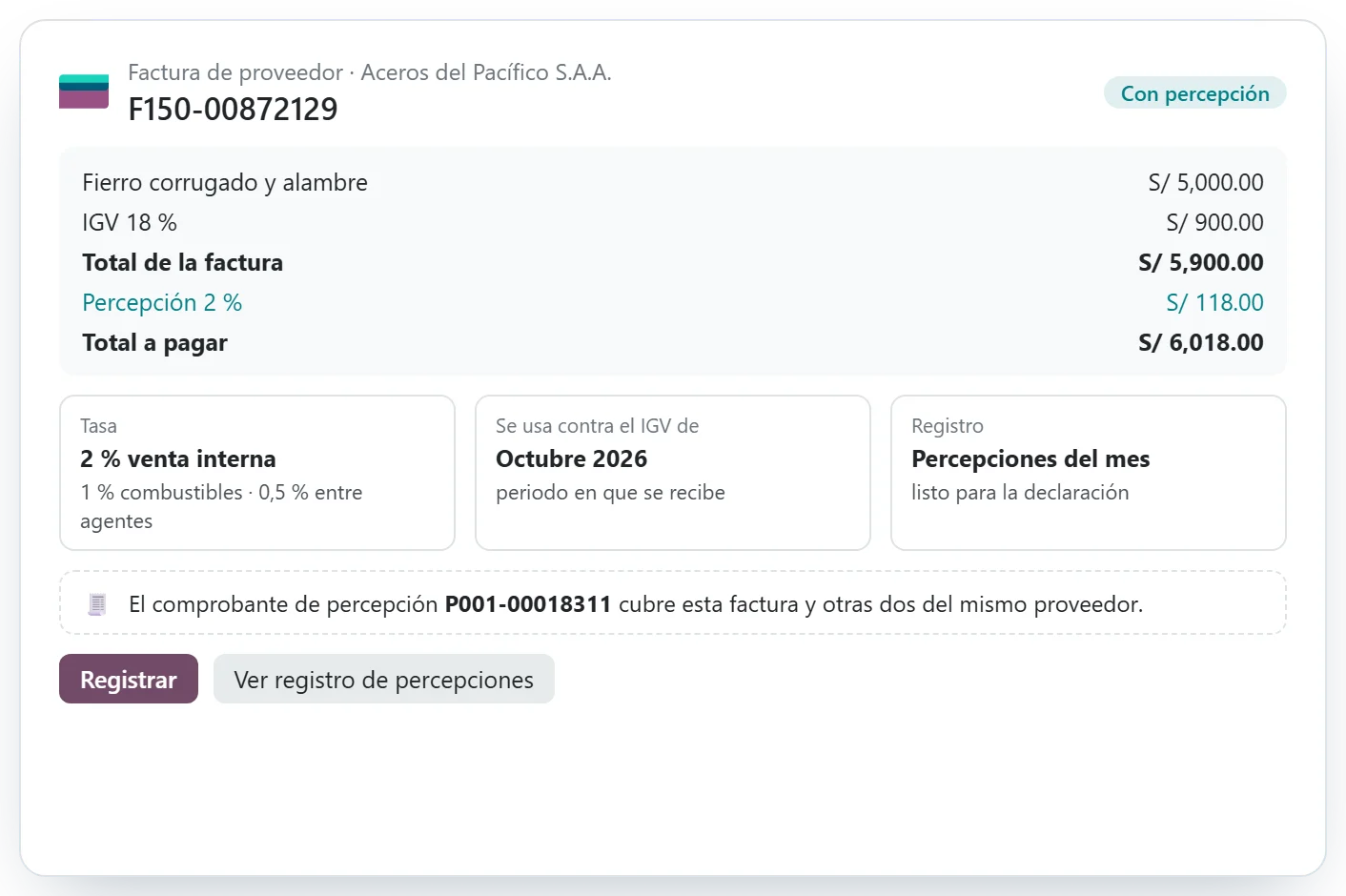 Factura de proveedor con percepción del 2 % y su comprobante