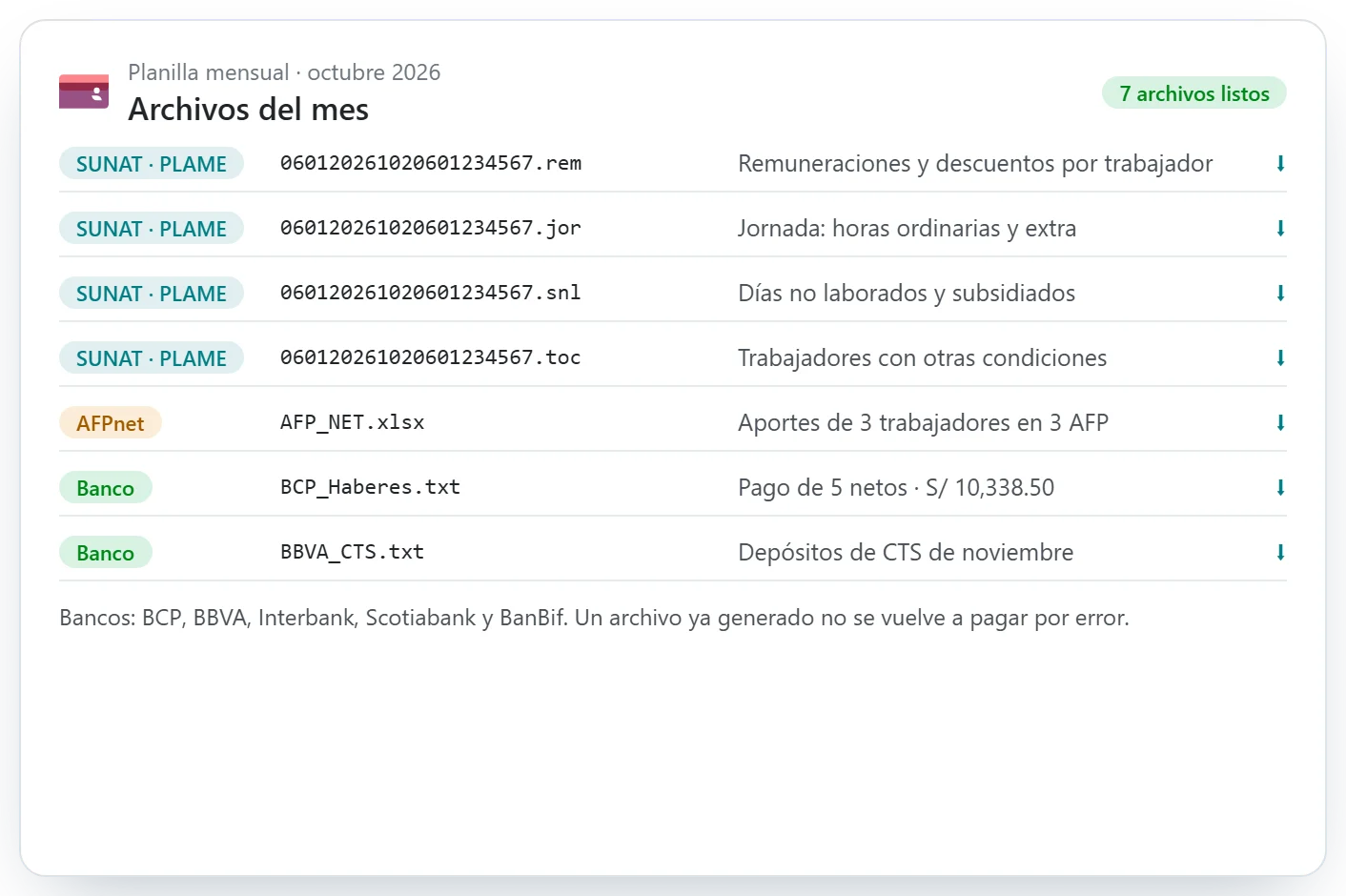 Archivos del mes: PLAME para la SUNAT, AFPnet y pago de haberes al banco