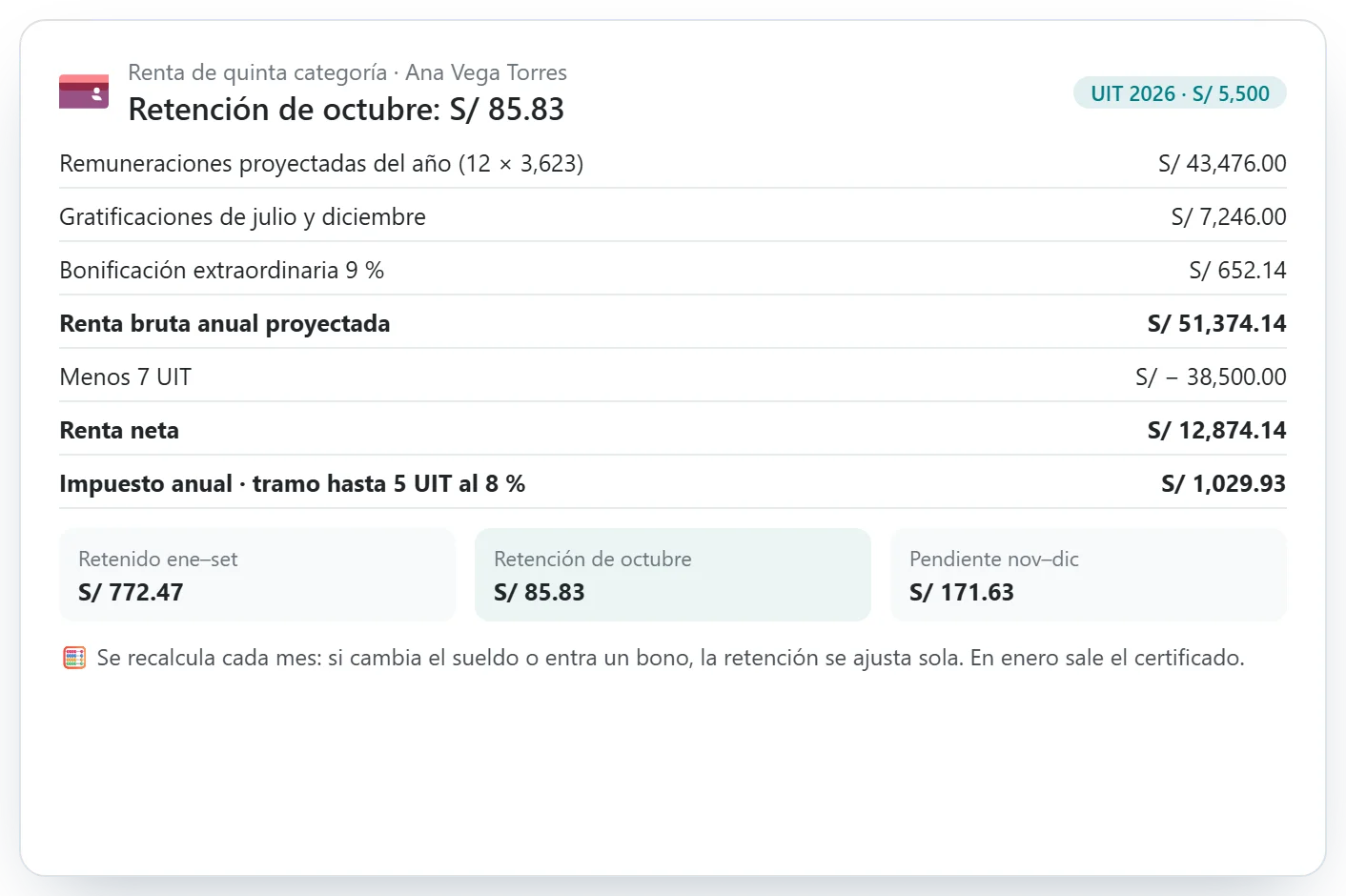 Cálculo de la retención de quinta categoría con la UIT 2026