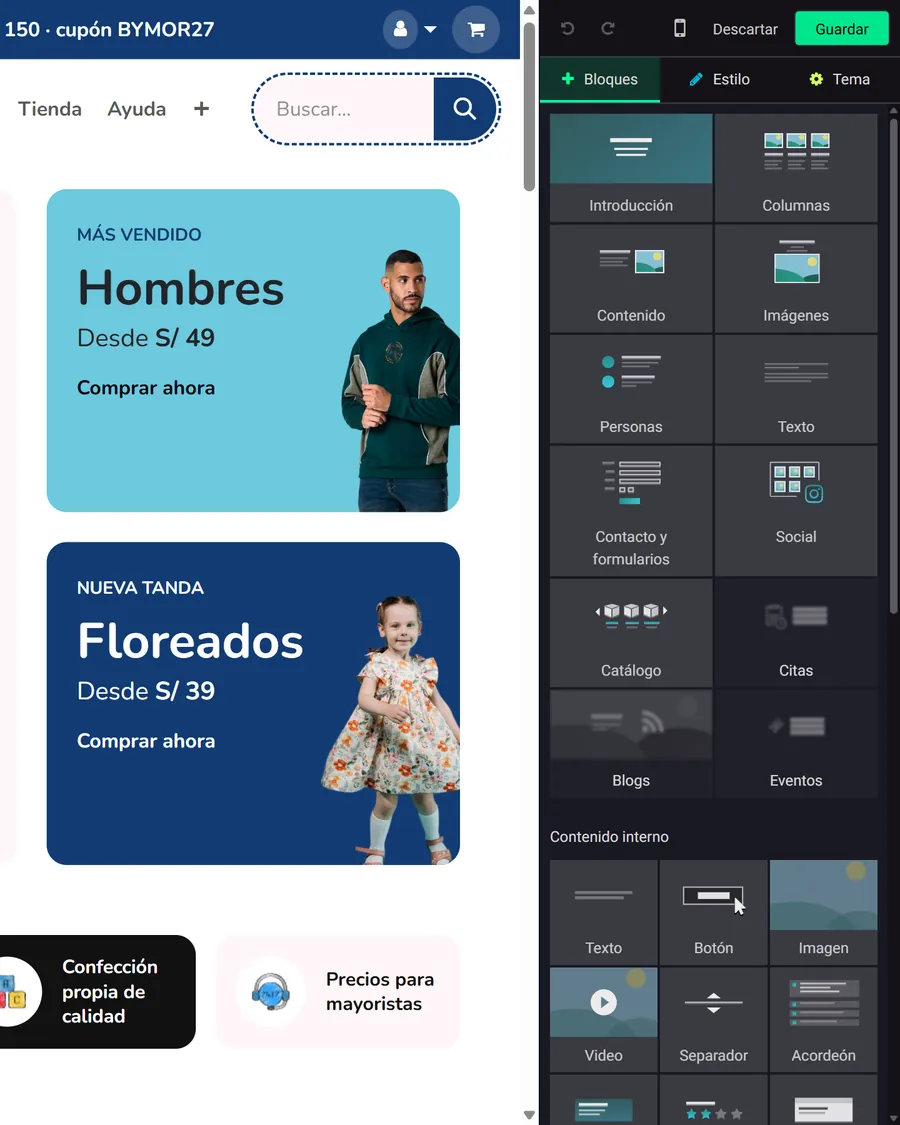 Editor de Odoo con el panel de bloques